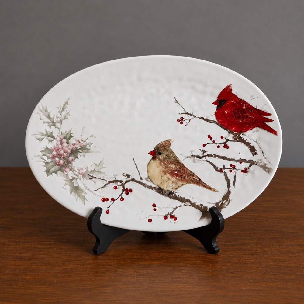 Burton + Burton Christmas Cardinal Oval Serving Platter 16" Winter Berries Rare